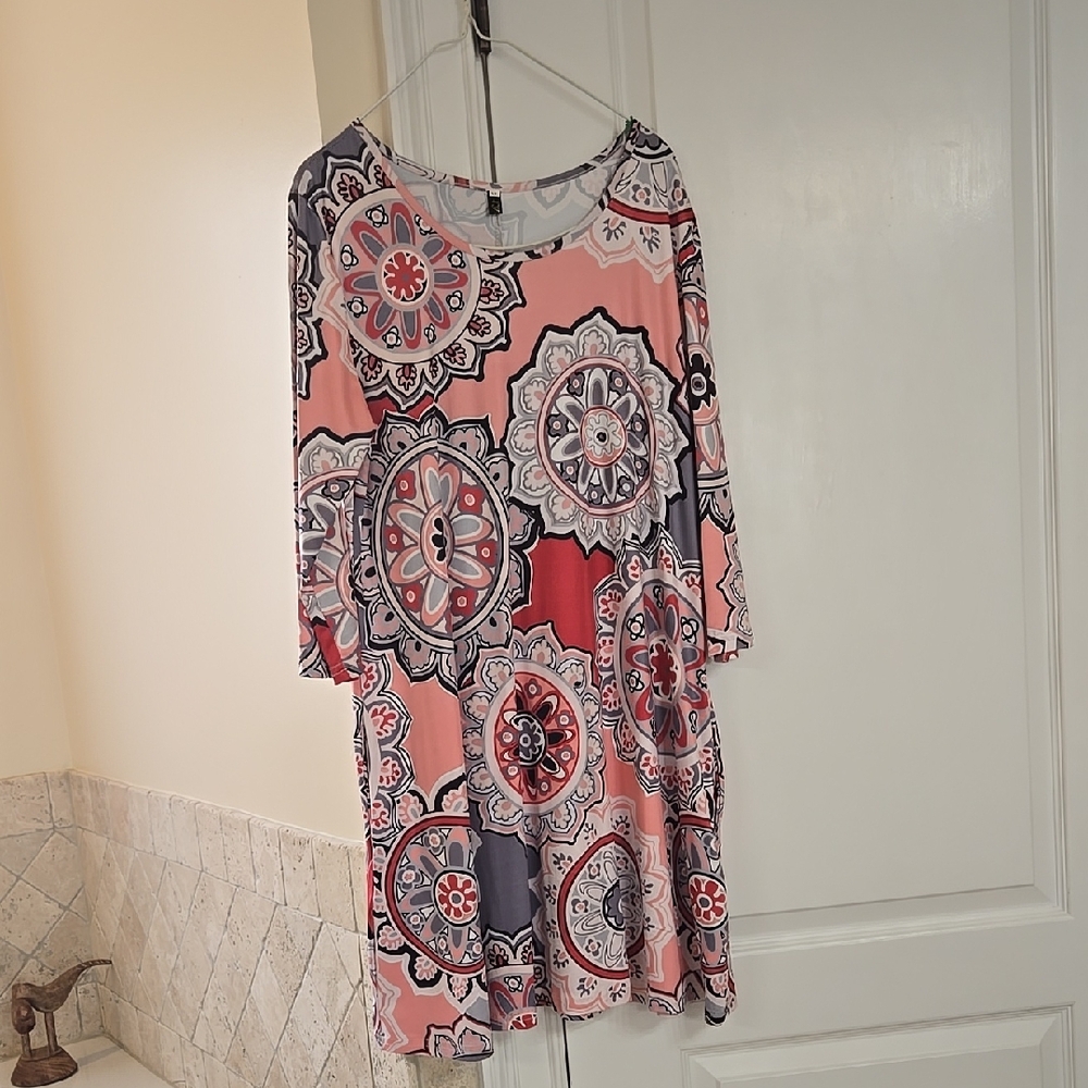 Floral Patterned Pink and Gray Women's Dress